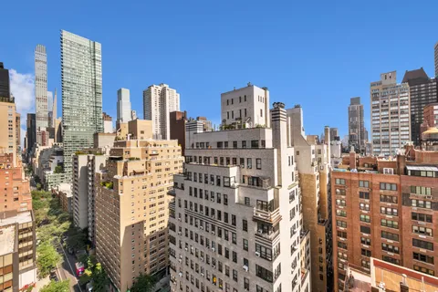 a city view with tall buildings