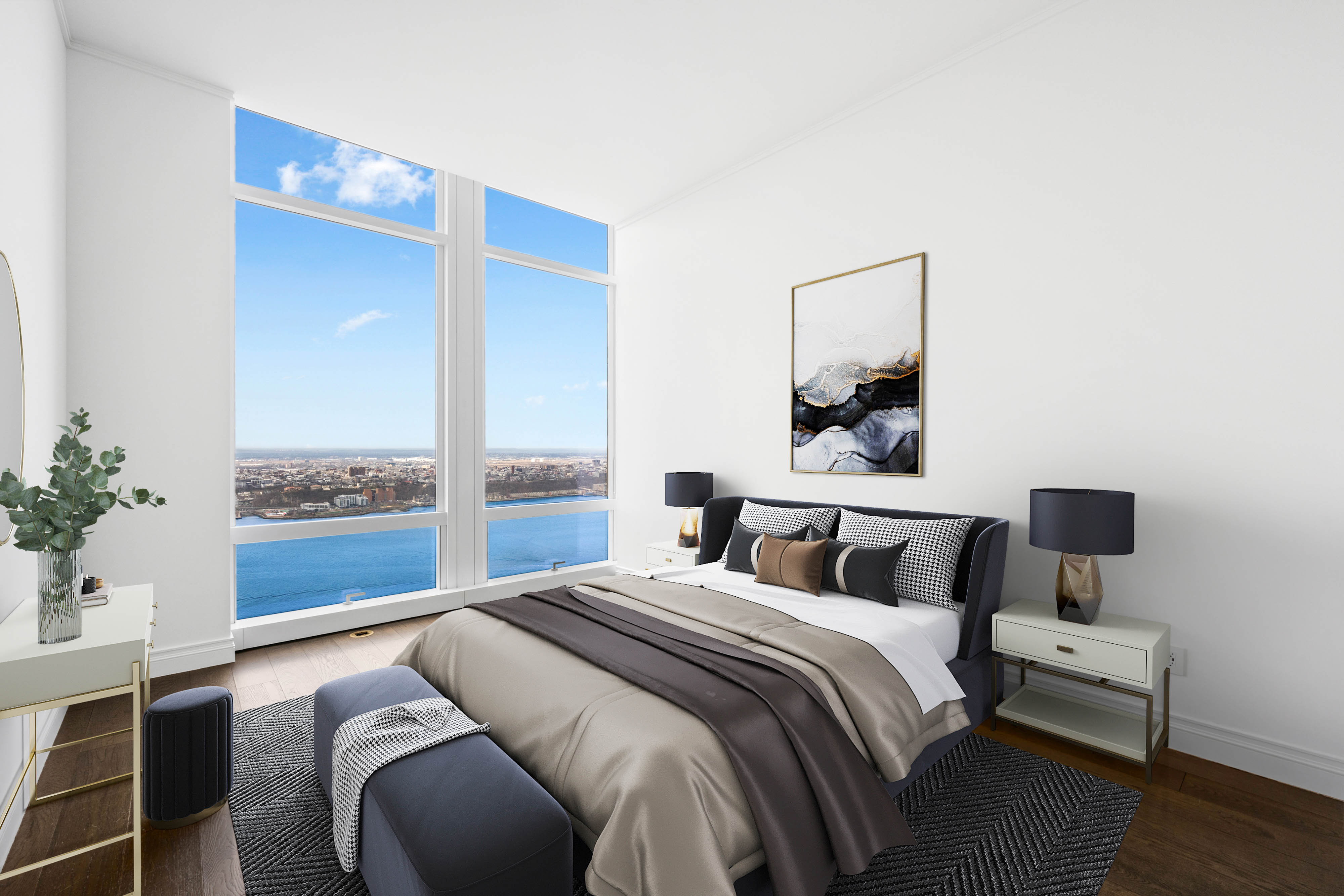 35 Hudson Yards, Unit 6201 Manhattan, NY 10001 - Photo 5 of 32 a bedroom with a bed and a view of kitchen