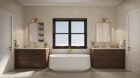 a bathroom with a double vanity sink bathtub and next to a window