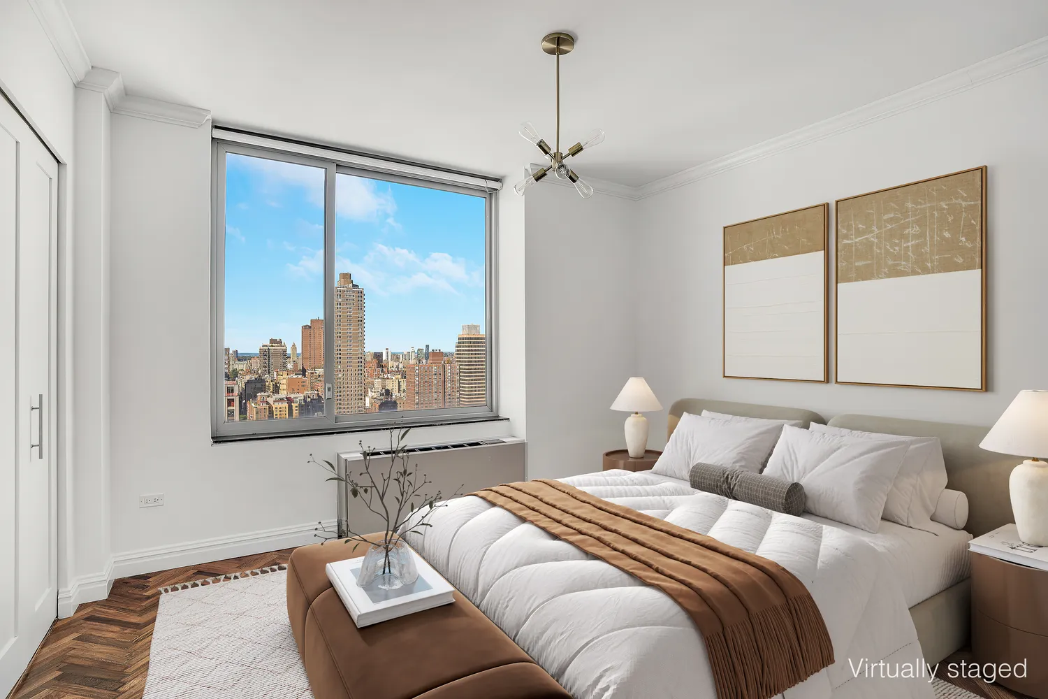 a bedroom with a bed and a large window