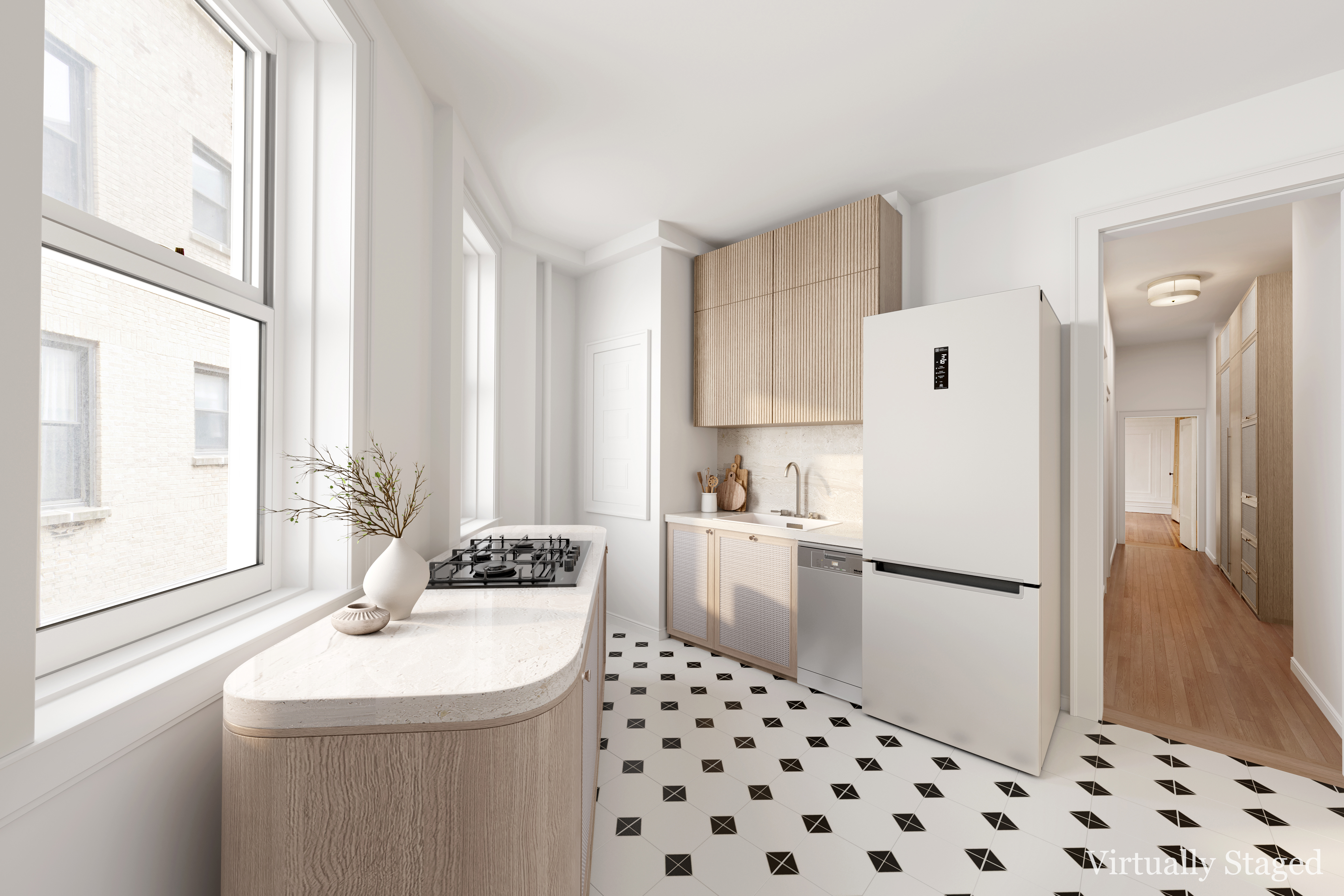 800 Riverside Drive, Unit 6E Manhattan, NY 10032 - Photo 11 of 30 a kitchen with a sink a refrigerator a counter top space and a window