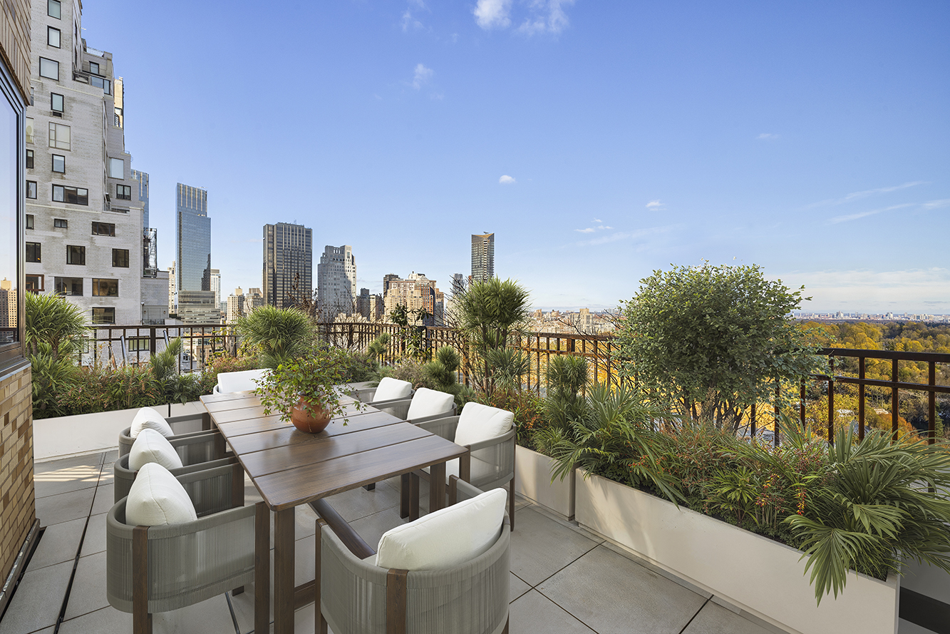 110 Central Park South, Unit PH1 Manhattan, NY 10019 - Photo 10 of 26 a view of a balcony with a table and chairs and potted plants