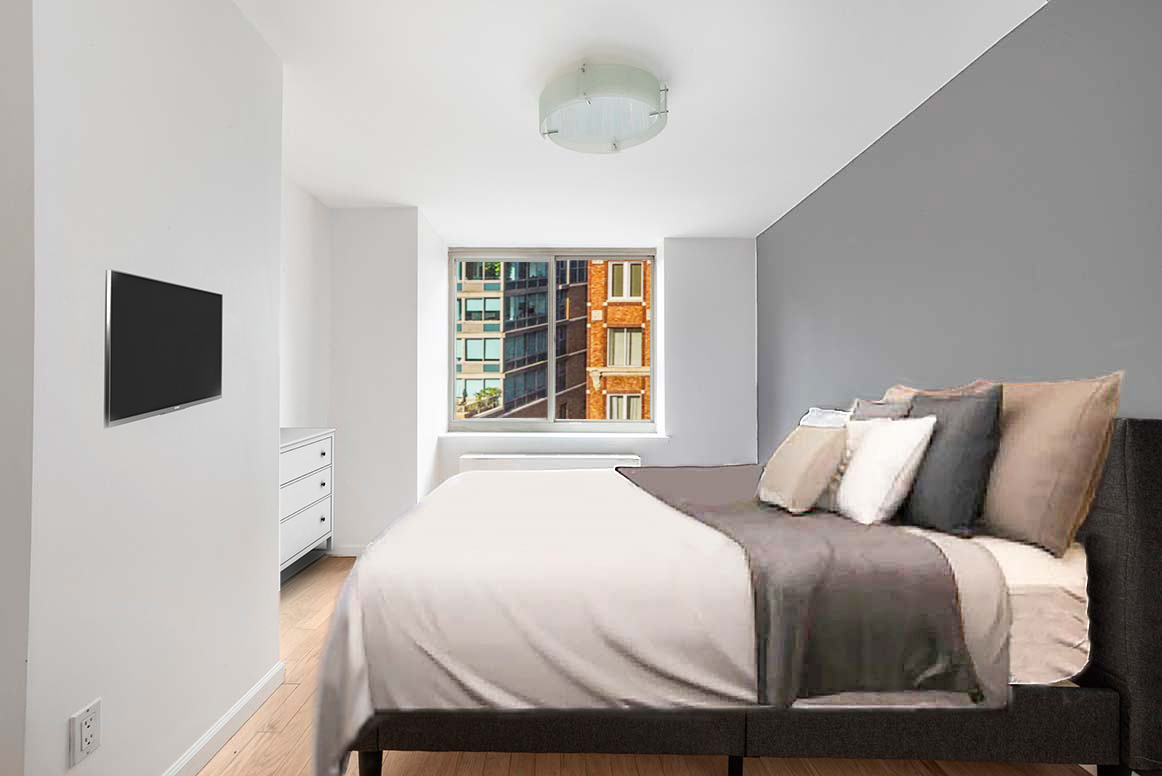 520 West 23rd Street, Unit 9D Manhattan, NY 10011 - Photo 6 of 10 a bedroom with a bed tv and window