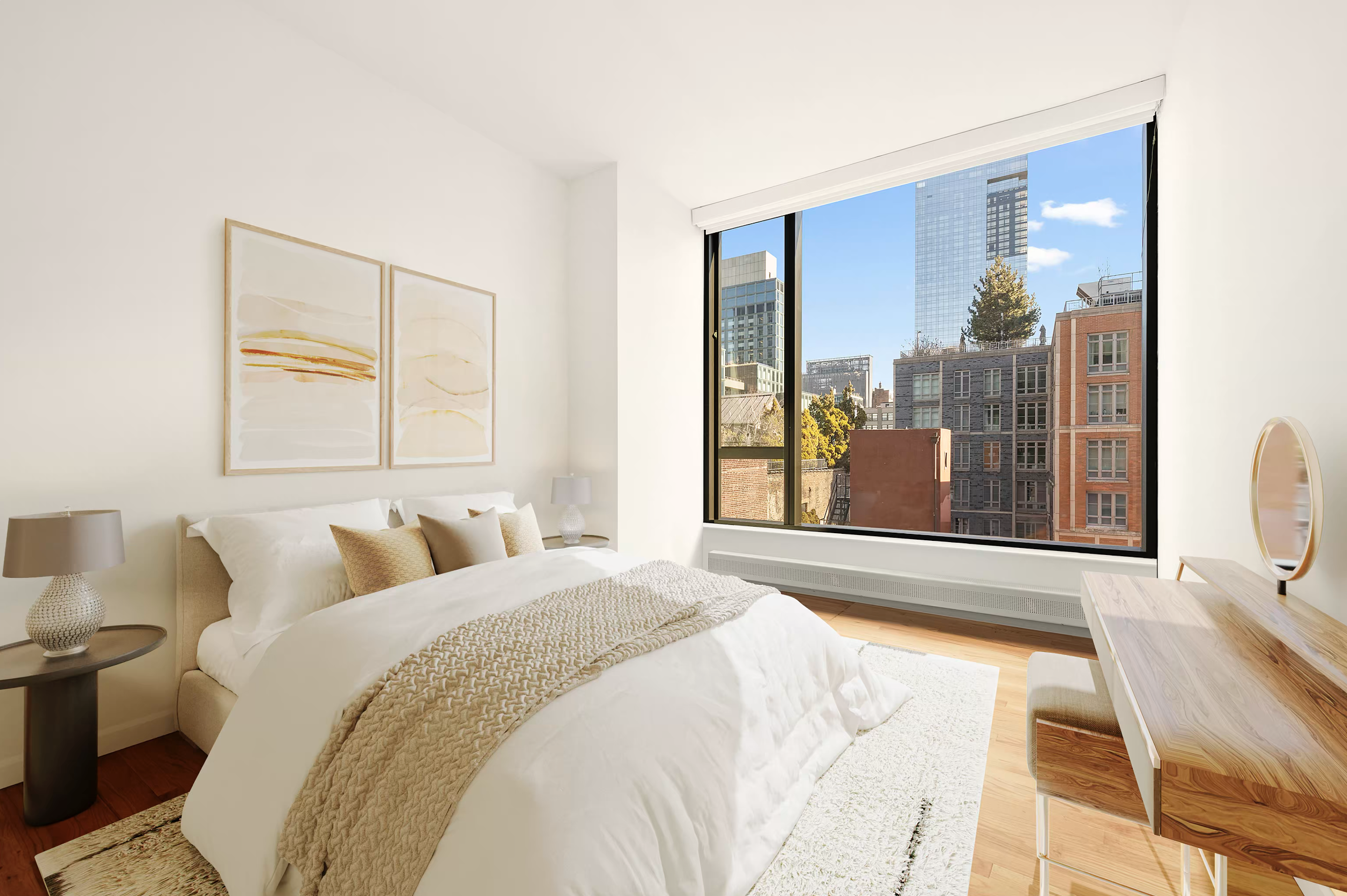 505 Greenwich Street, Unit 10G Manhattan, NY 10013 - Photo 4 of 7 a bedroom with a large bed and a large window with outer view