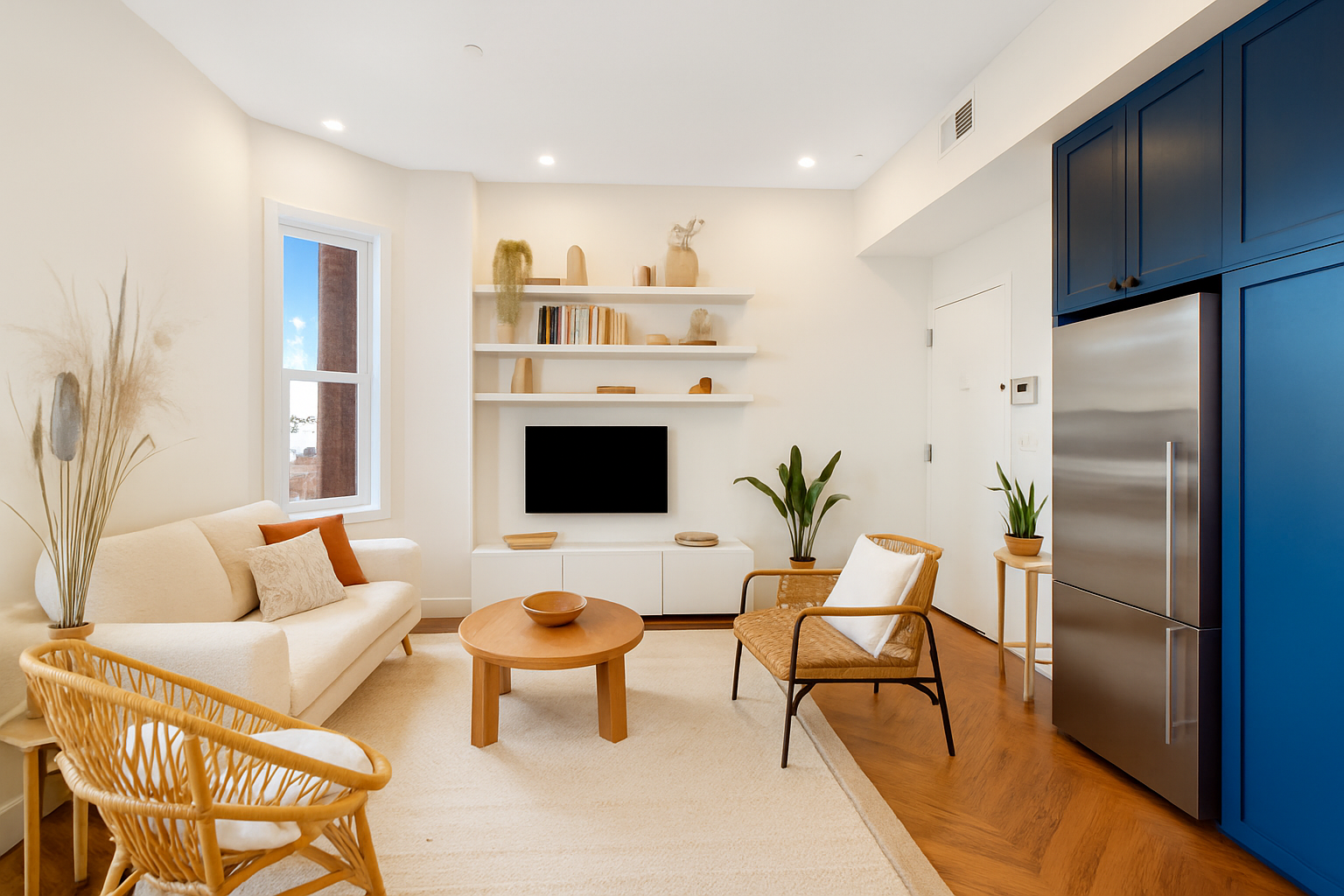 a living room with furniture wooden floor and a flat screen tv