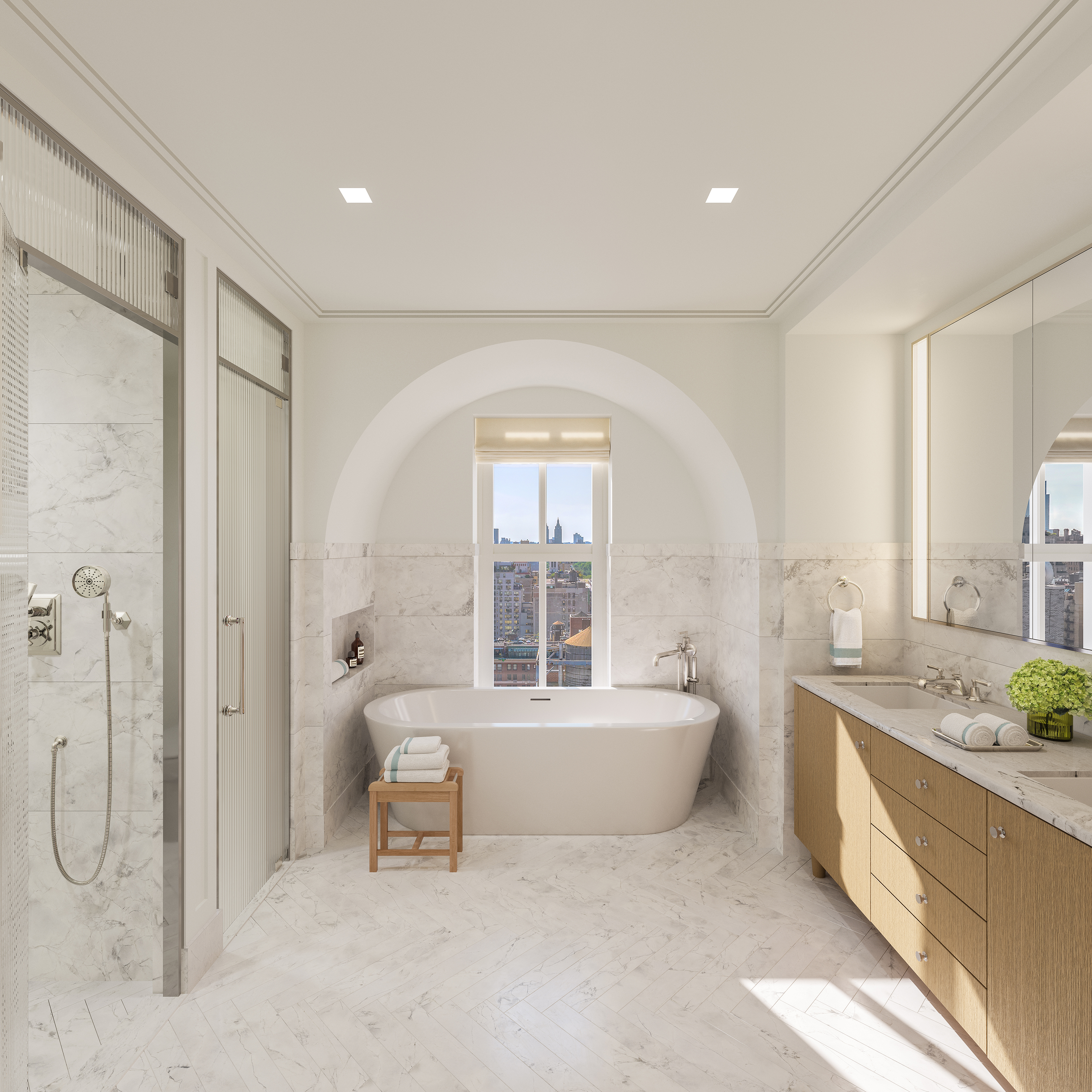 200 East 75th Street, Unit 9C Manhattan, NY 10021 - Photo 3 of 24 a spacious bathroom with a granite countertop tub sink and mirror