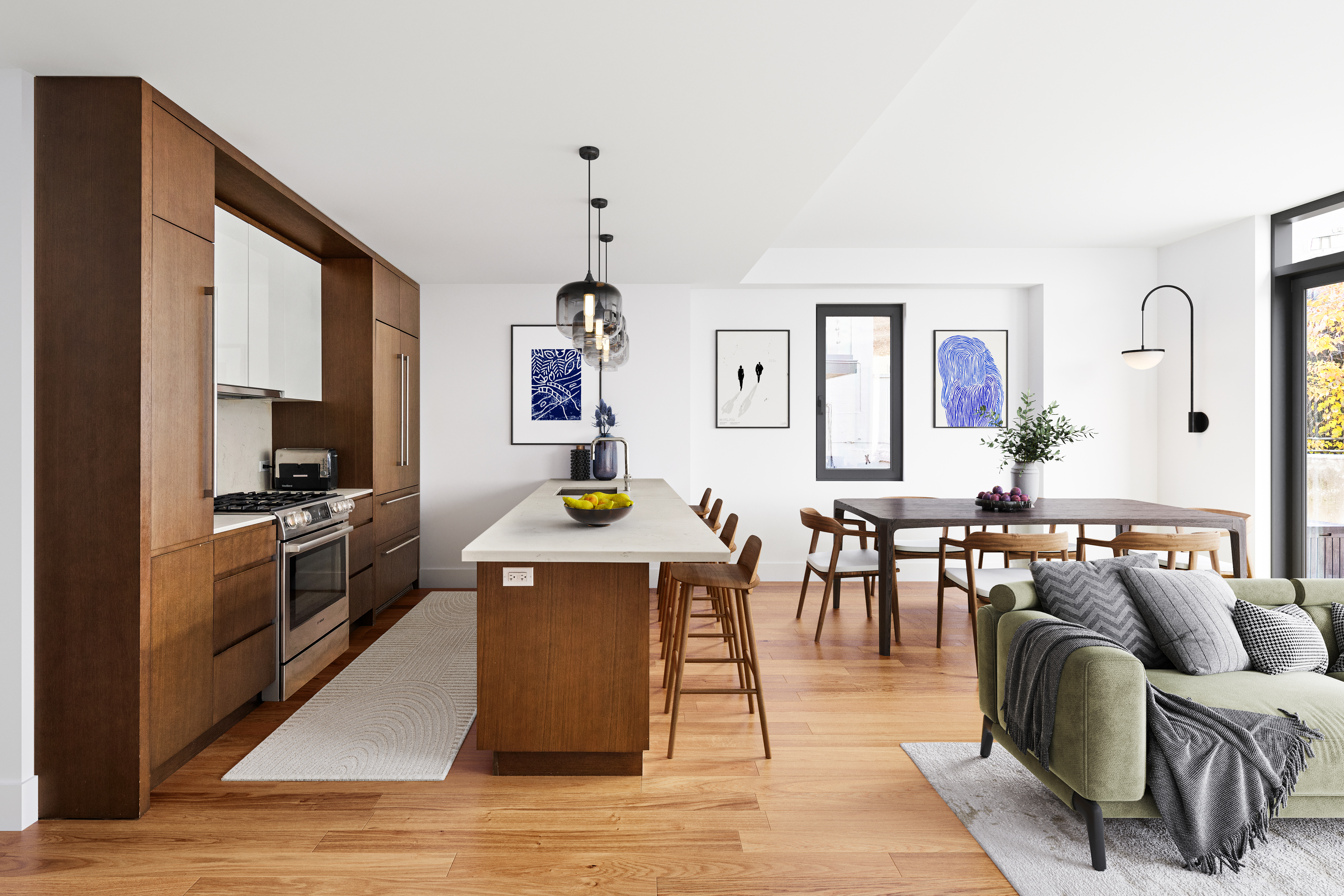 500 Waverly Avenue, Unit 2A Brooklyn, NY 11238 - Photo 2 of 14 a kitchen with stainless steel appliances granite countertop a stove top oven a sink a dining table and chairs with wooden floor