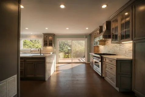 a kitchen with stainless steel appliances kitchen island granite countertop a stove a sink and a refrigerator