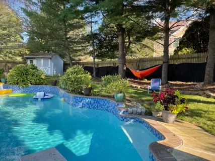 a view of a backyard with plants and a fountain