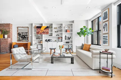 a living room with furniture and a potted plant