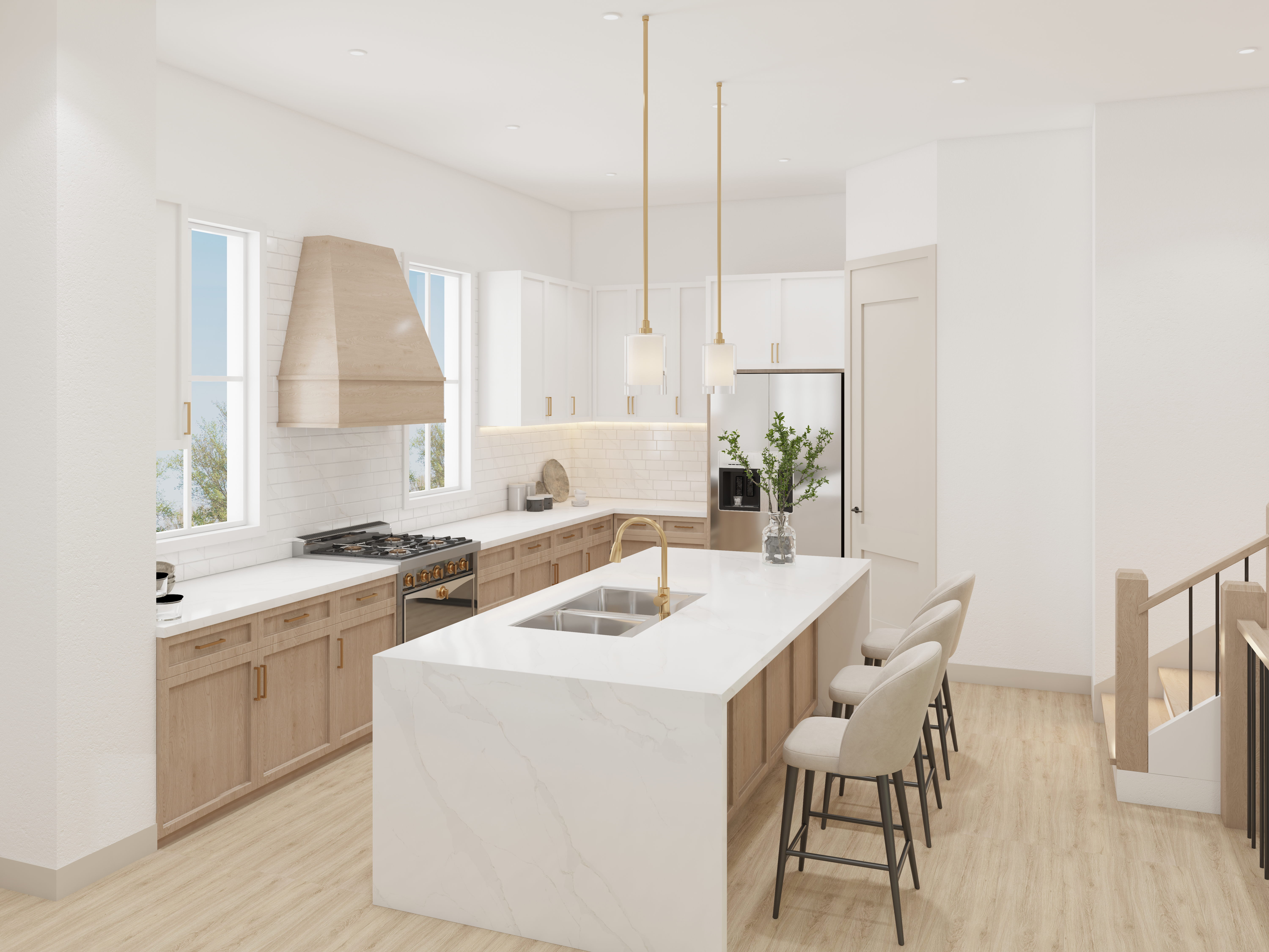 a kitchen that has a sink a table and chairs in it