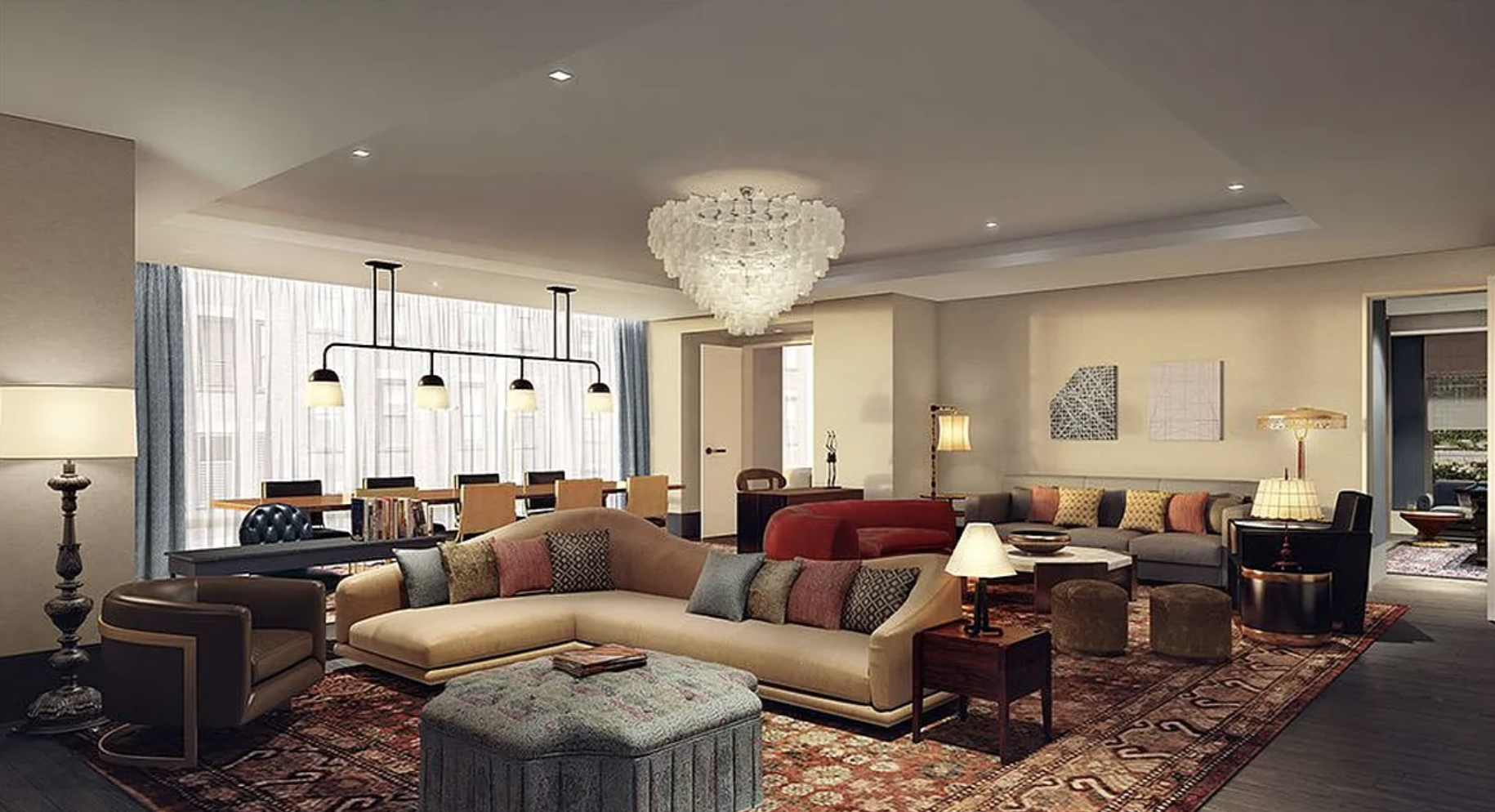 45 East 22nd Street, Unit 42B Manhattan, NY 10010 - Photo 22 of 23 a living room with furniture a large window and a chandelier