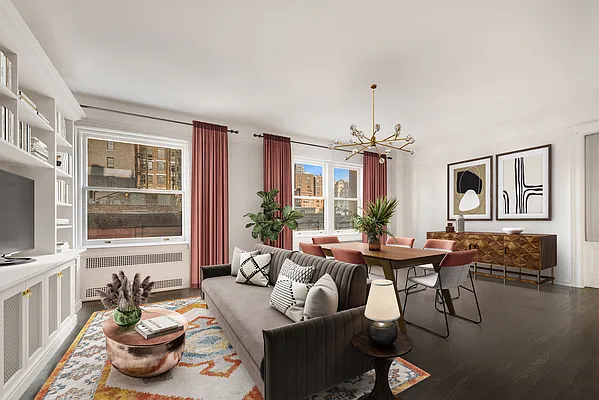 26 East 63rd Street, Unit 5F Manhattan, NY 10065 - Photo 1 of 5 a living room with furniture a window and a chandelier