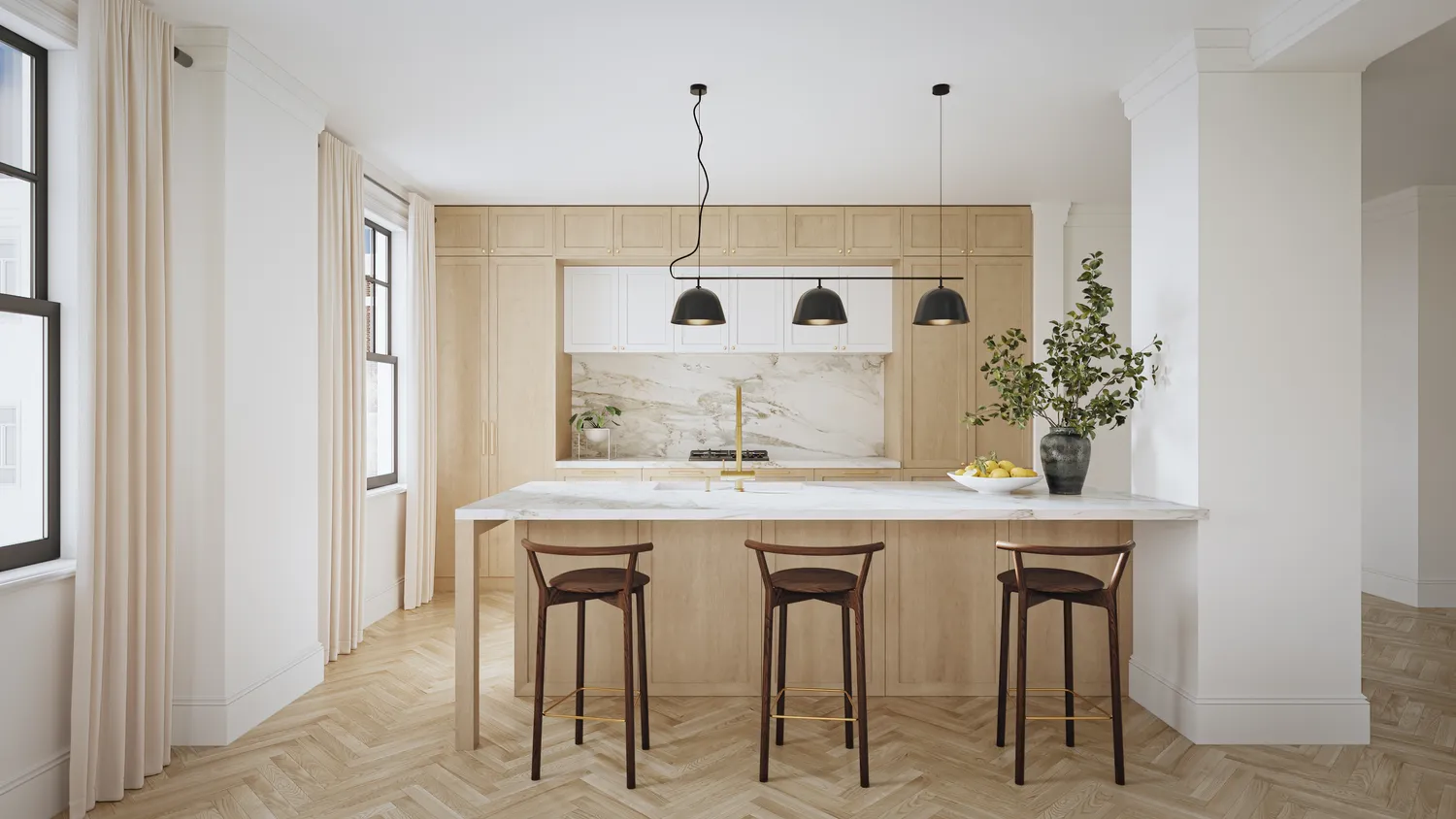 a kitchen with cabinets and window