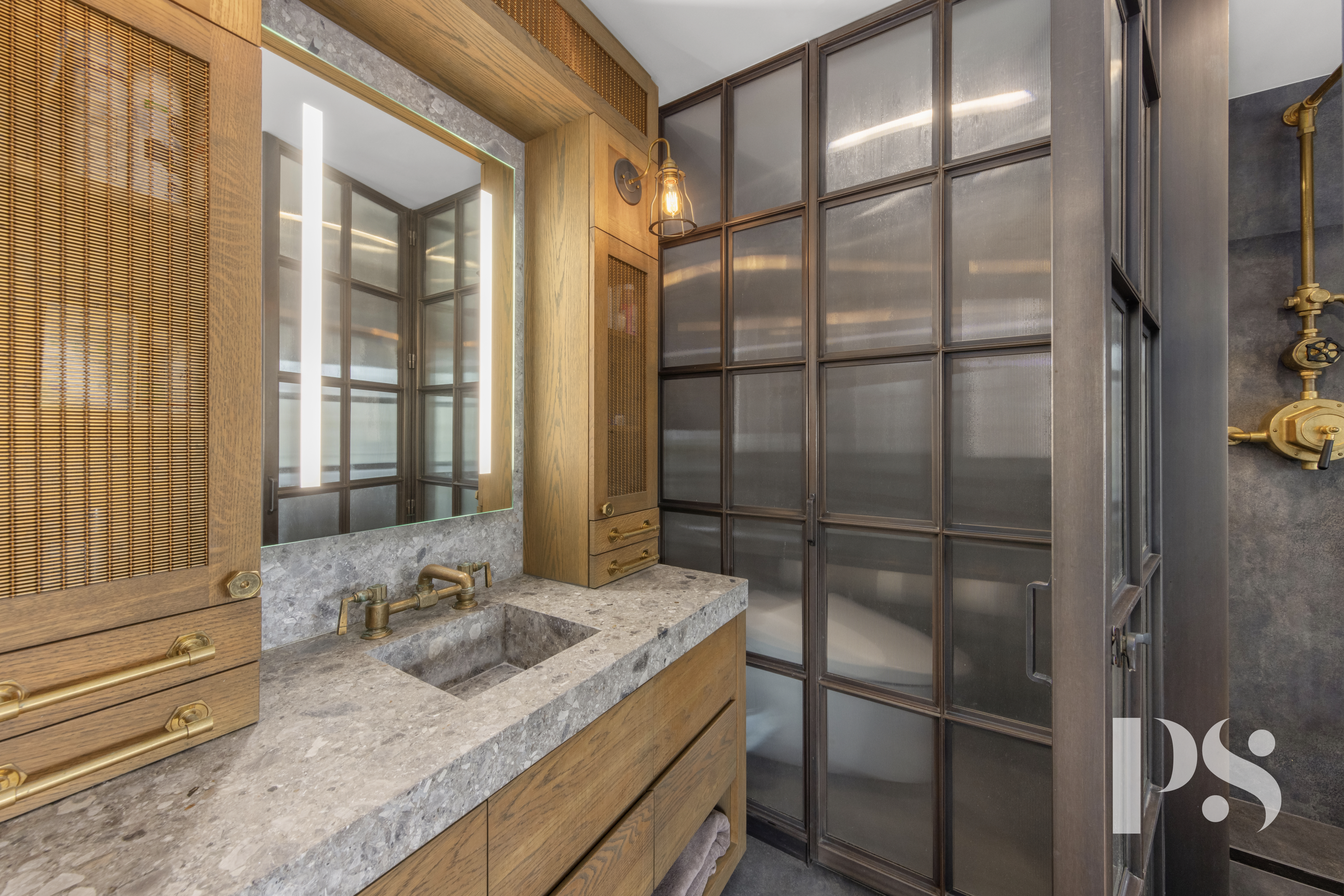 60 Orchard Street, Unit PH Manhattan, NY 10002 - Photo 13 of 19 a bathroom with a granite countertop shower and a sink