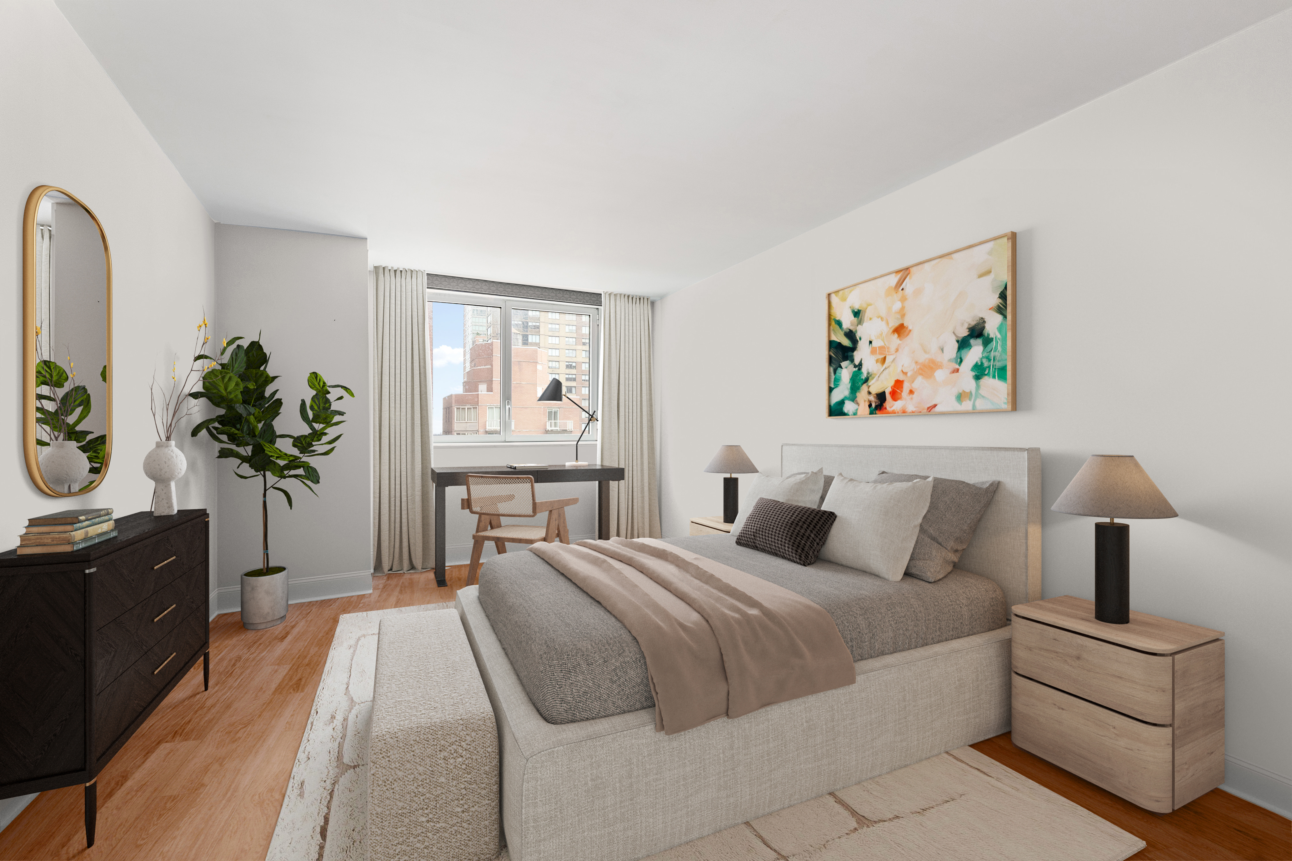 200 East 94th Street, Unit 1516 Manhattan, NY 10128 - Photo 5 of 14 a bedroom with a balcony a bed and a couch