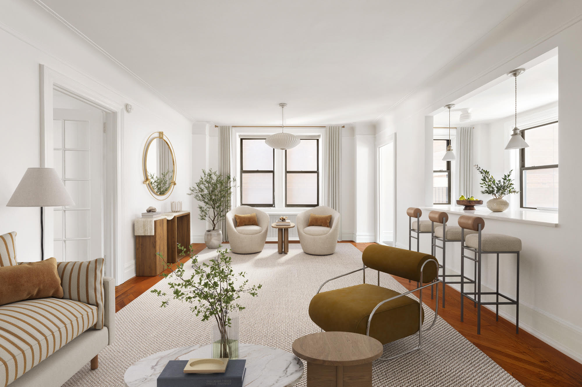 a living room with furniture fireplace and a large window