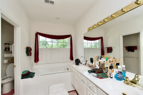 a bathroom with a tub sink mirror and window