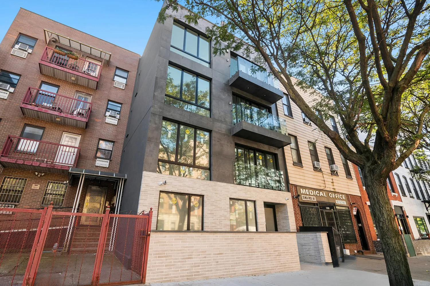 a front view of a multi story building