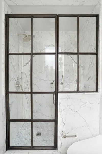 a living room with a glass window