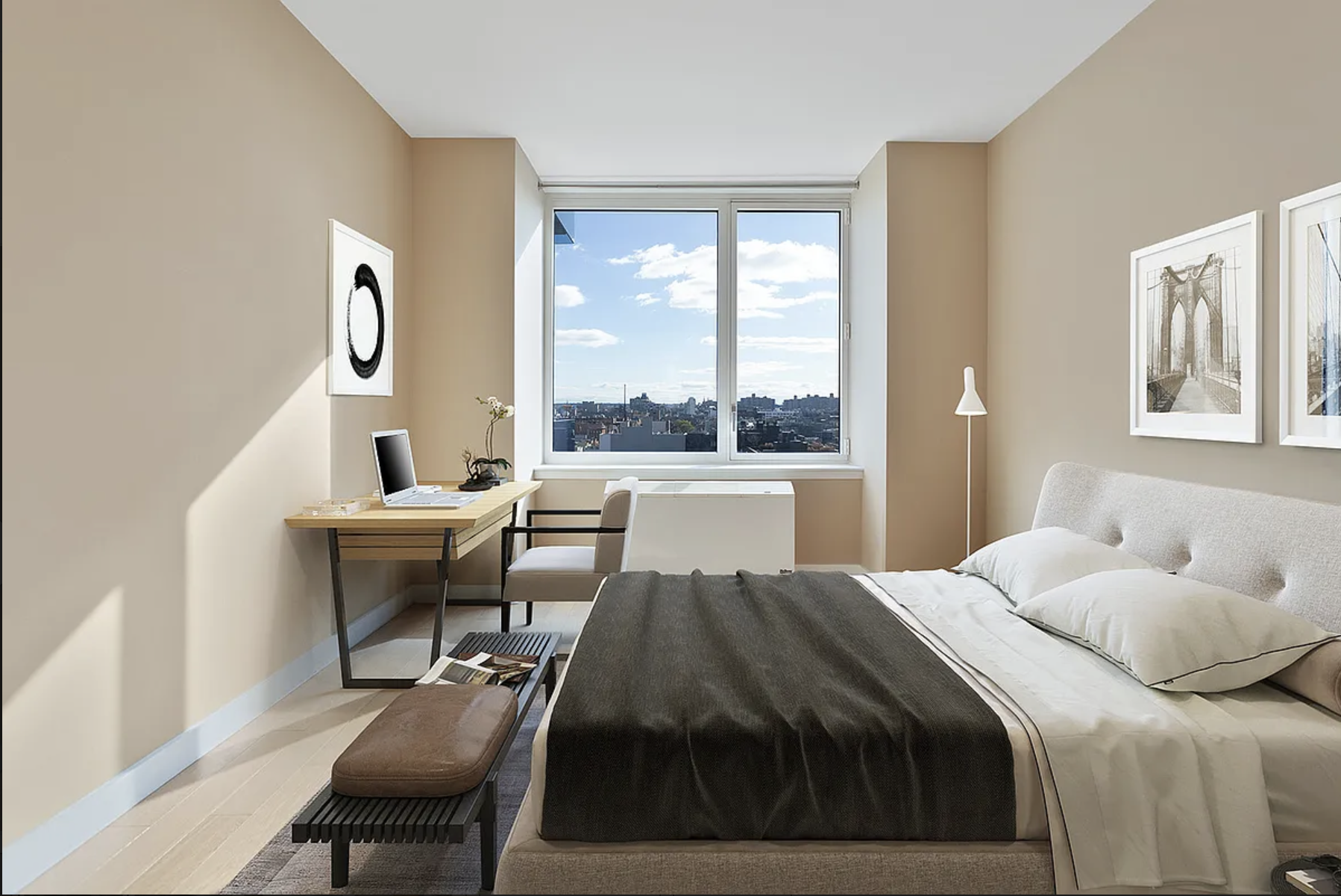 22 North 6th Street, Unit 12J Brooklyn, NY 11249 - Photo 3 of 13 a bedroom with a bed a table and large windows