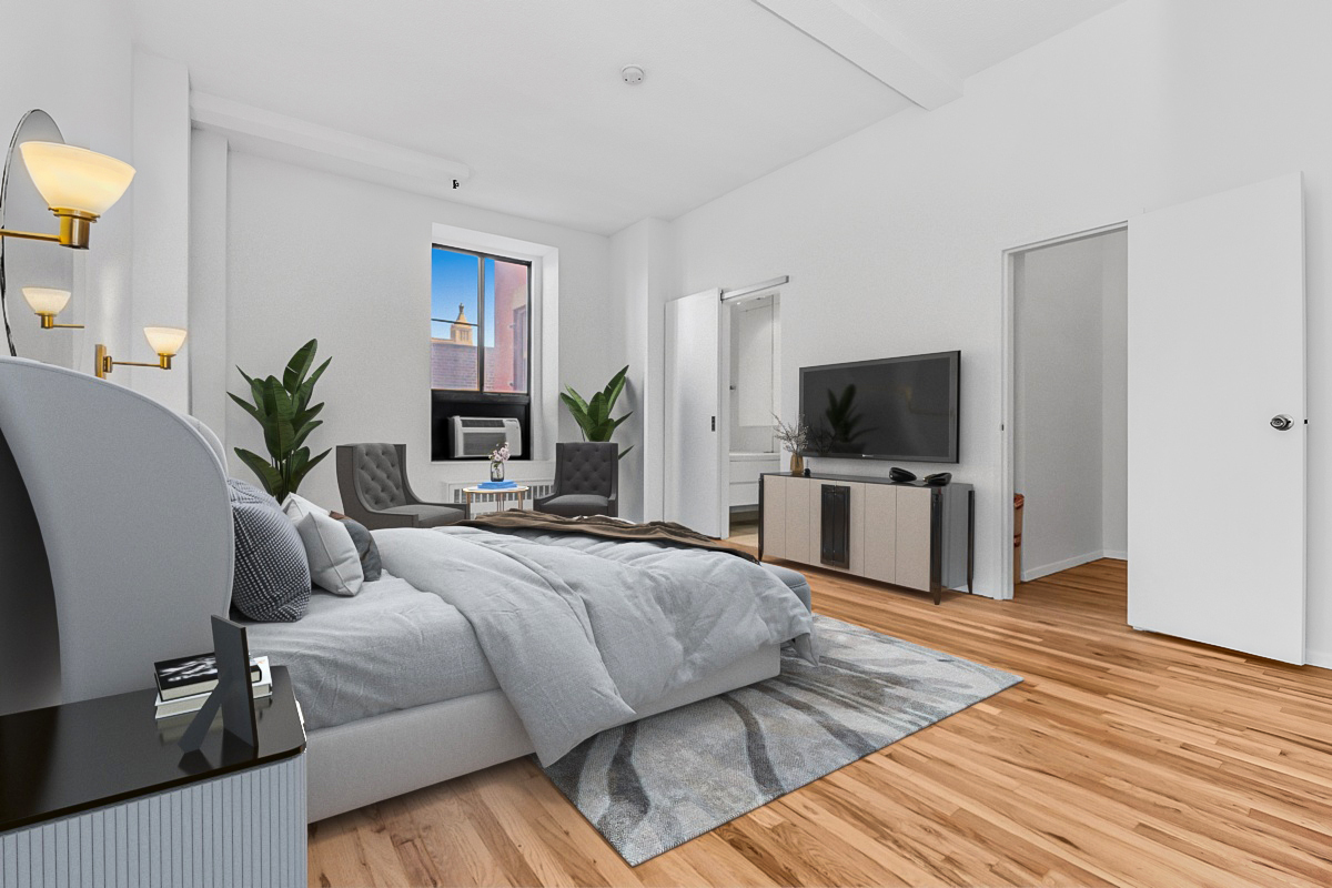 303 Mercer Street, Unit A601 Manhattan, NY 10003 - Photo 13 of 19 a bedroom with a bed and flat screen tv