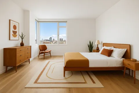 a bedroom with a bed and a chair