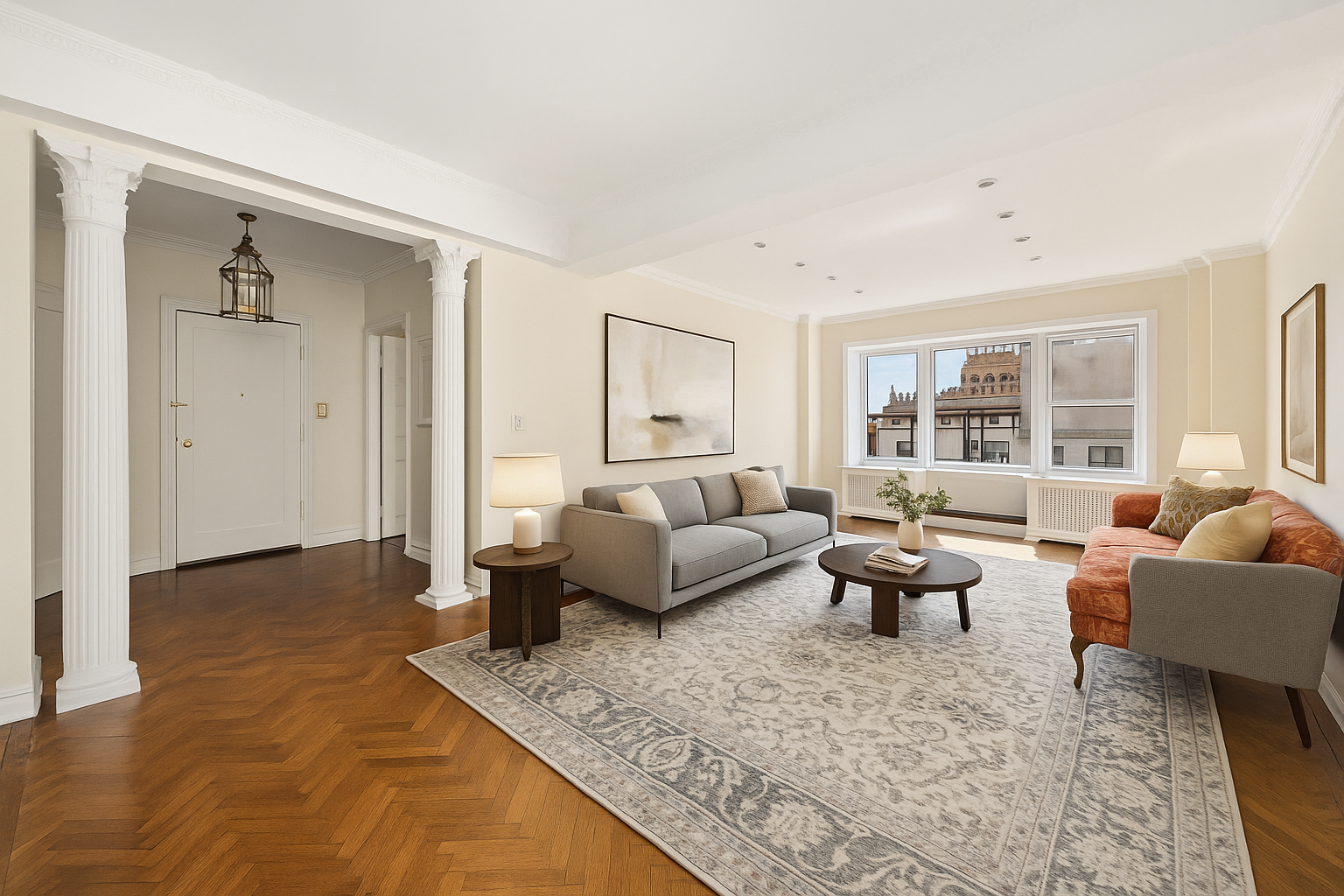50 Sutton Place South, Unit 21L Manhattan, NY 10022 - Photo 2 of 12 a living room with furniture and a large window