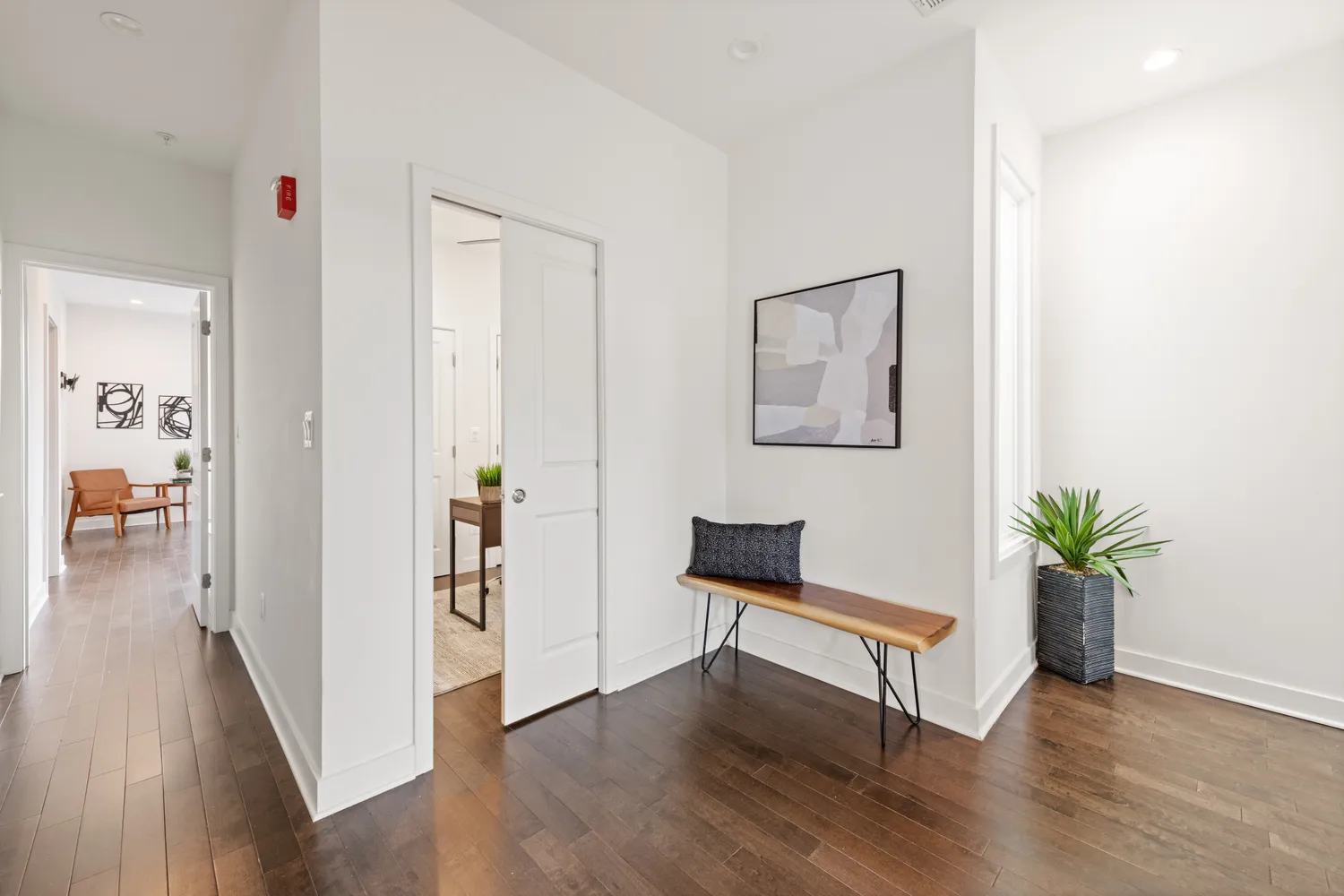 a view of a hallway with wooden floor and a potted plant