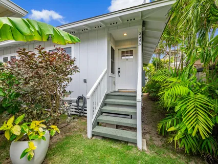 a view of a house with a yard and potted plants