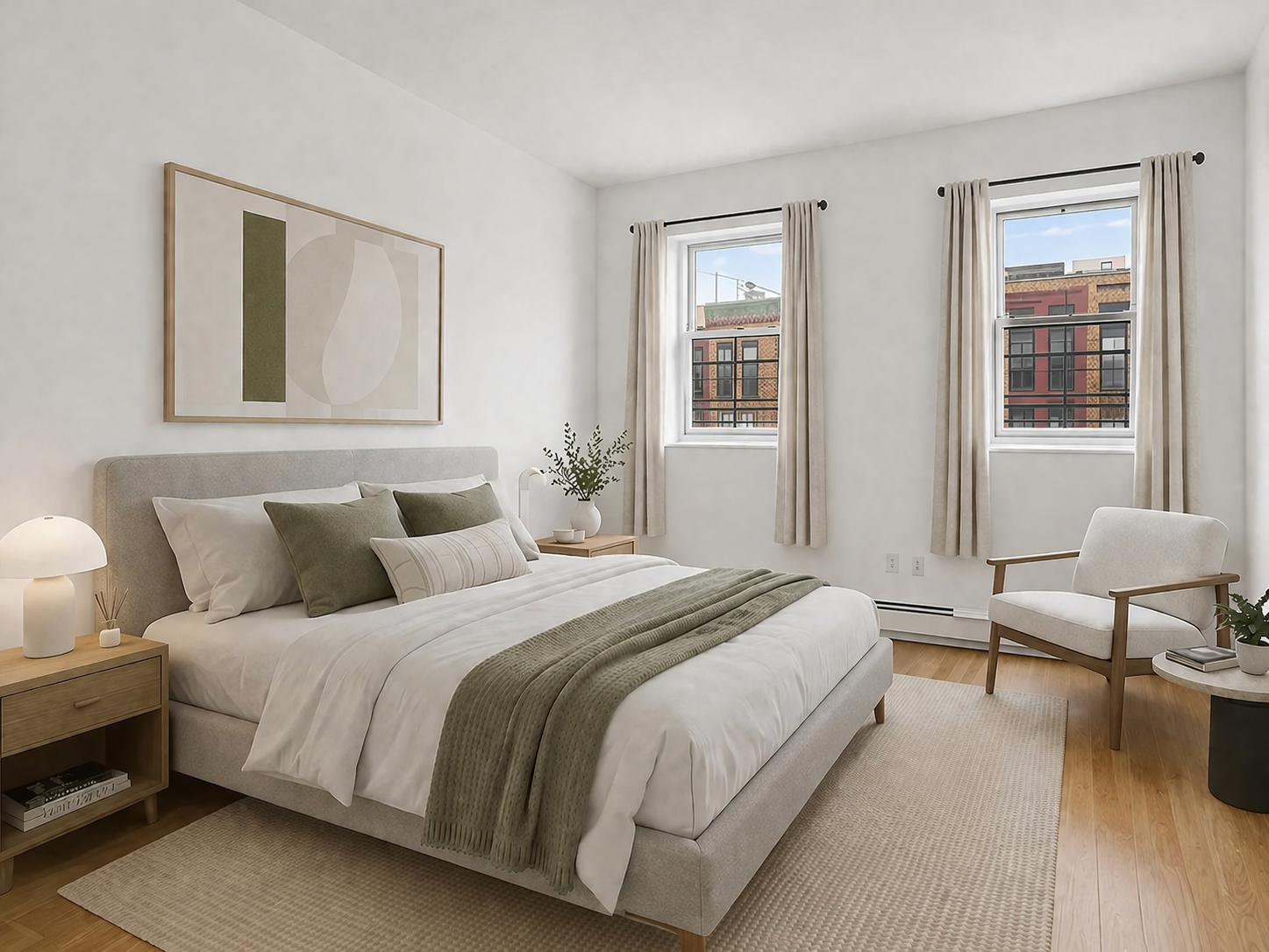 1260 Broadway, Unit 4F Brooklyn, NY 11221 - Photo 2 of 4 a bedroom with a bed a couch and two windows