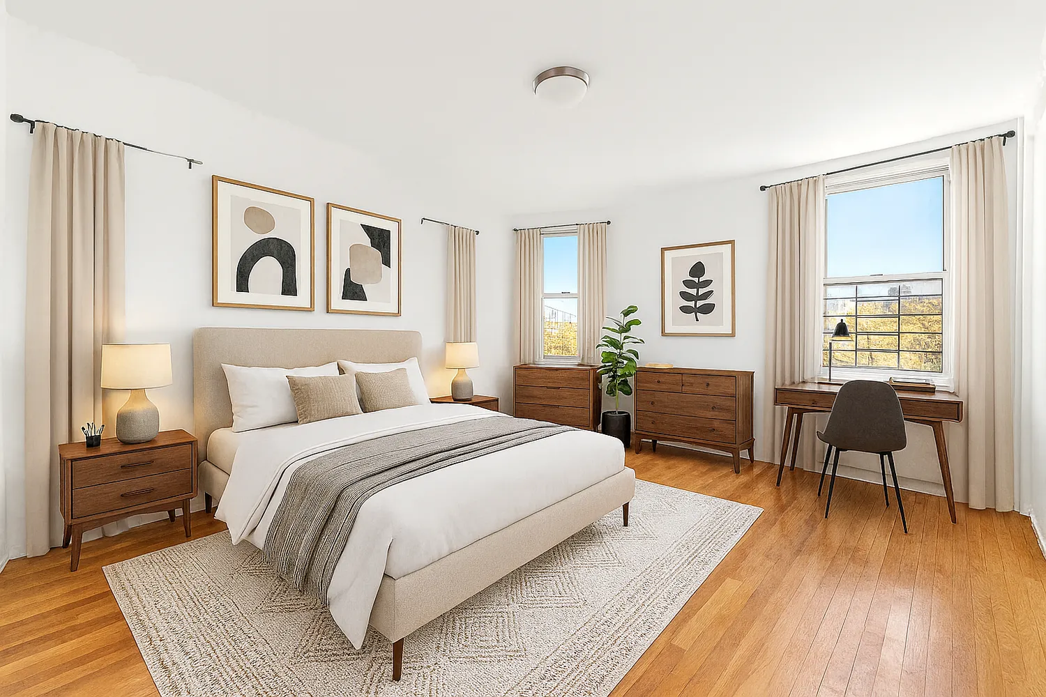 a spacious bedroom with a bed a table and a dresser next to a window