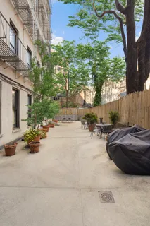 a view of backyard with a table and chairs under an large tree