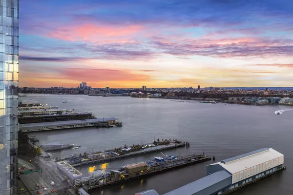 a view of a lake with city