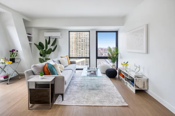 a living room with furniture and a potted plant