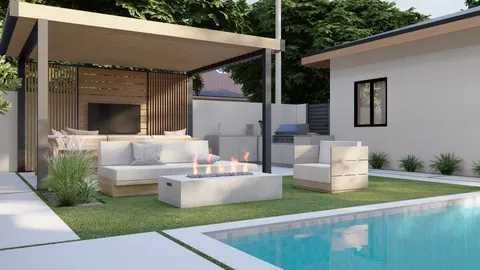 a front view of a house with a garden and patio