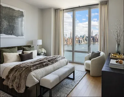 a bedroom with a bed and a large window