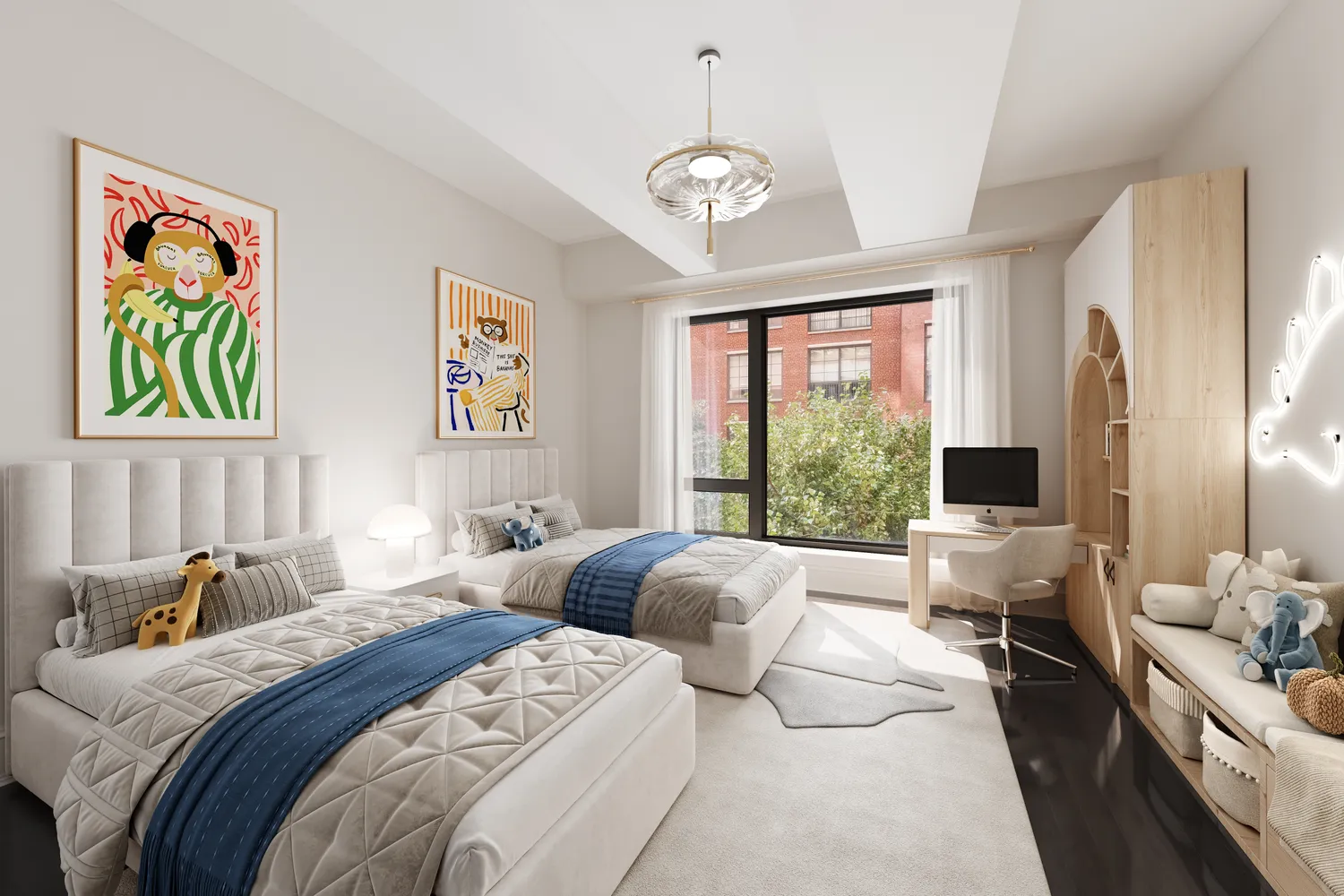 a bedroom with two beds and a large window