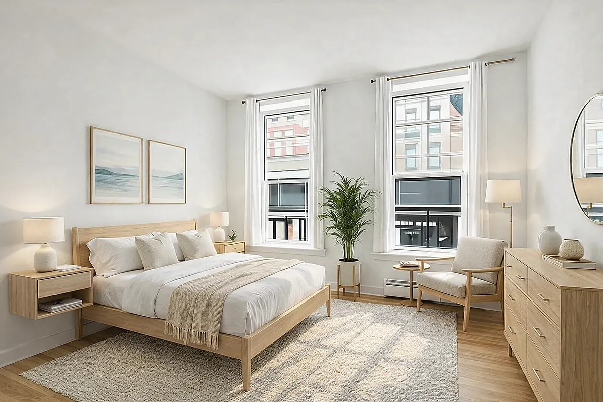 1260 Broadway, Unit 2F Brooklyn, NY 11221 - Photo 2 of 4 a bedroom with a bed a couch and dresser