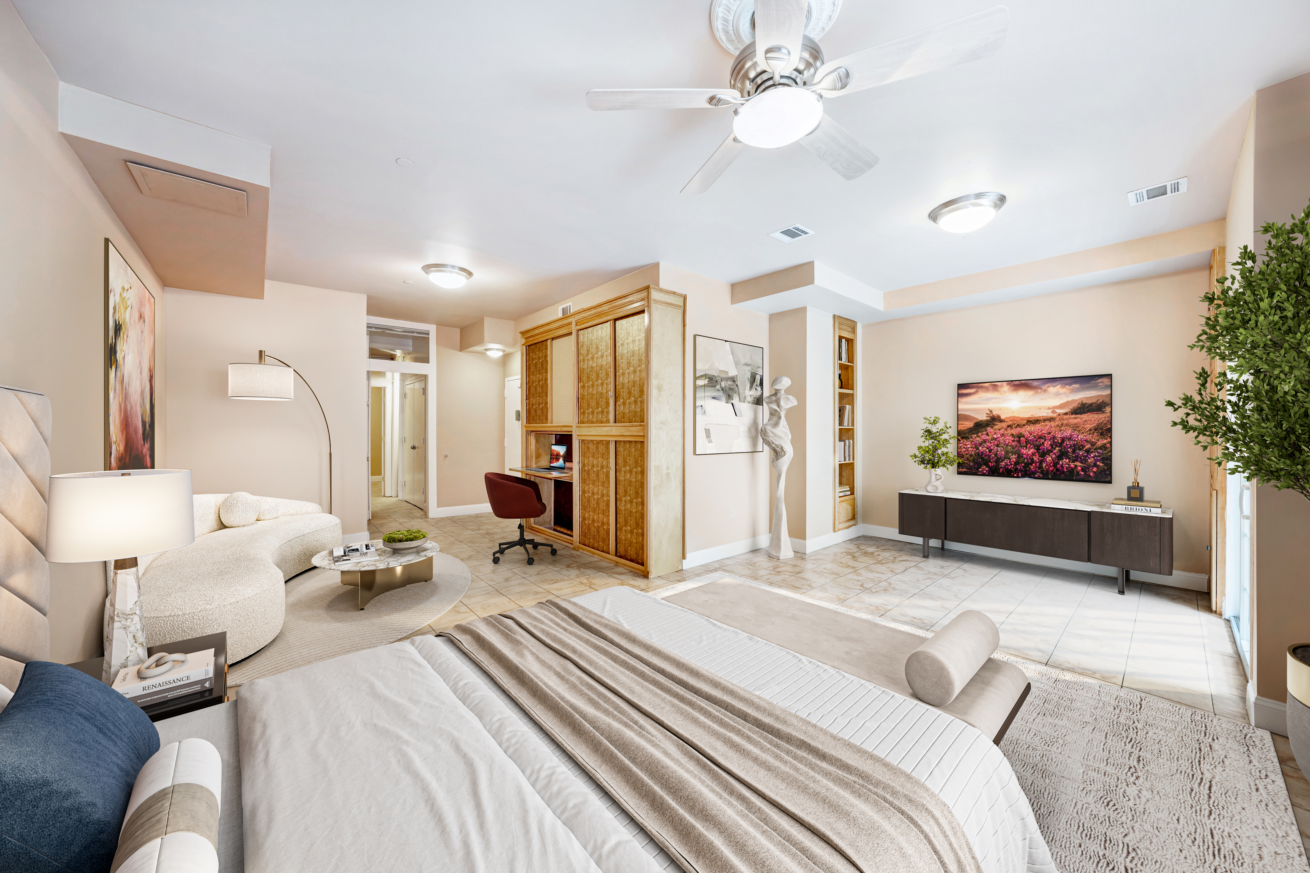 330 Bergen Street, Unit 1/C Brooklyn, NY 11217 - Photo 3 of 11 a spacious bedroom with a bed a couch and a chandelier