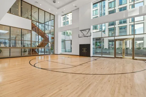 a view of an indoor basketball court