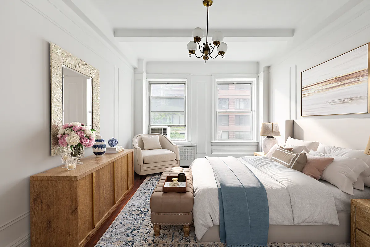 250 West 94th Street, Unit 5D Manhattan, NY 10025 - Photo 12 of 17 a bedroom with bed a chandelier and windows