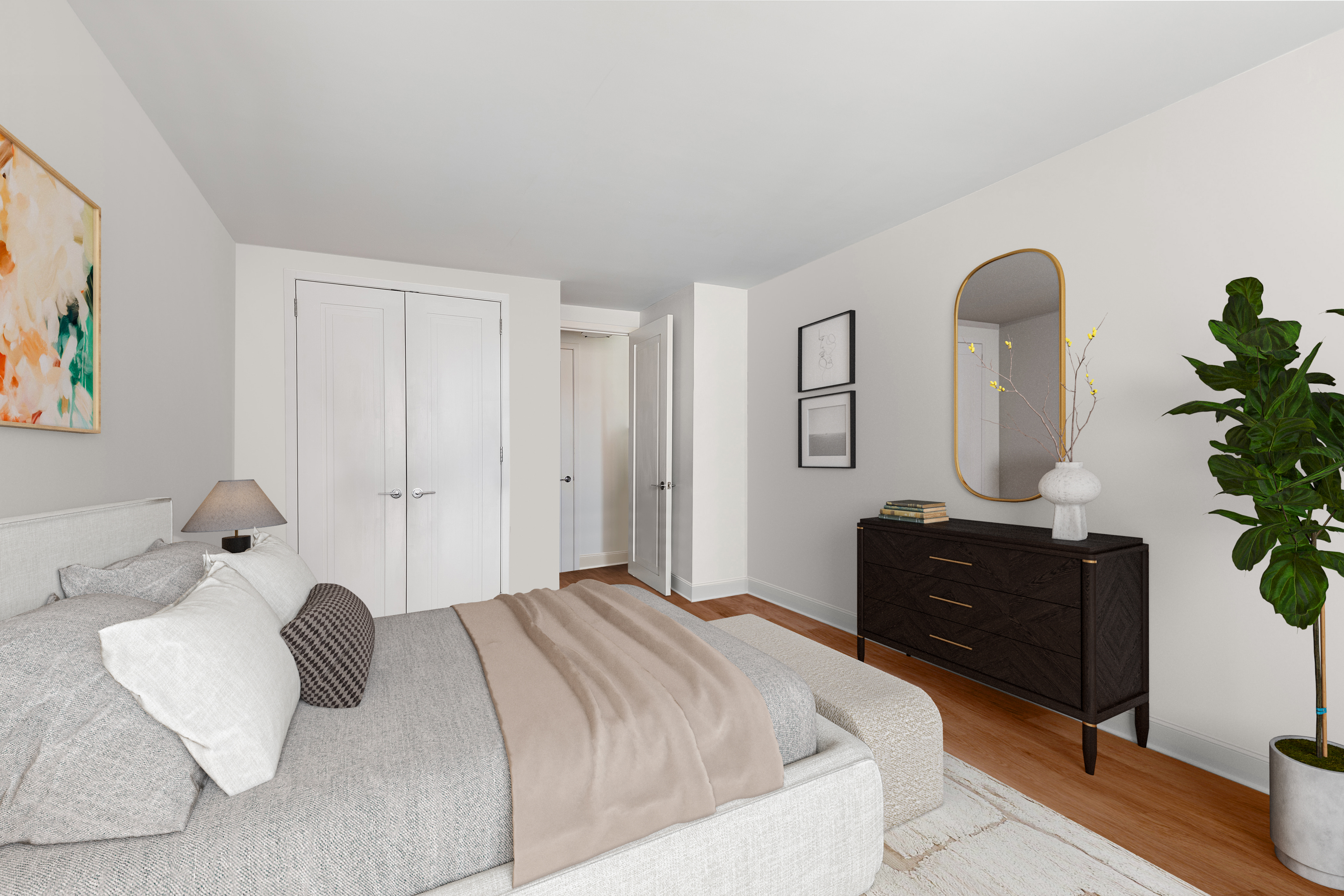 200 East 94th Street, Unit 1516 Manhattan, NY 10128 - Photo 6 of 14 a bedroom with a bed and a potted plant on the dresser