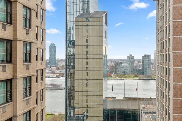 a city view with tall buildings