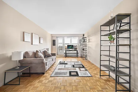 a living room with furniture and a rug