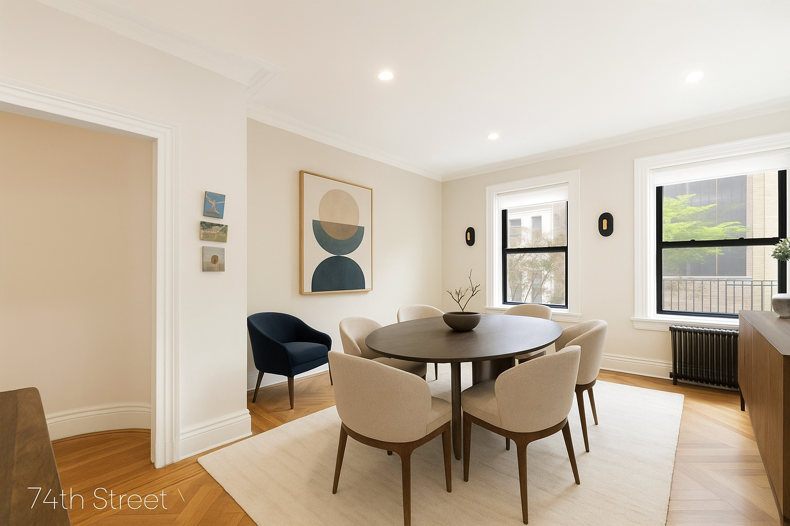 a dining room with furniture and window