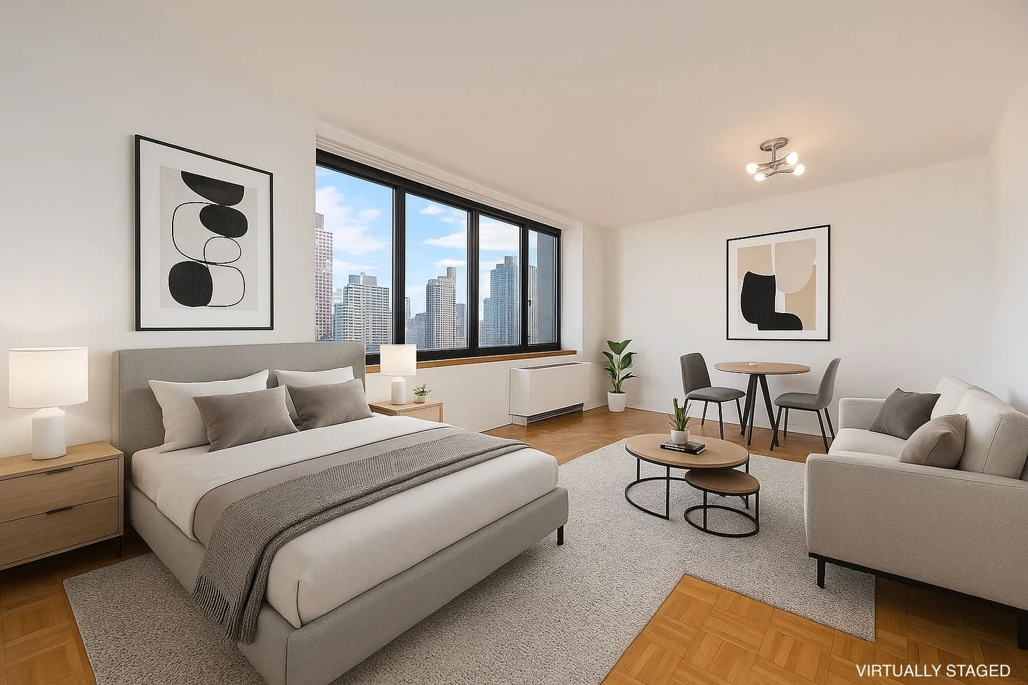 a bedroom with furniture and a large window