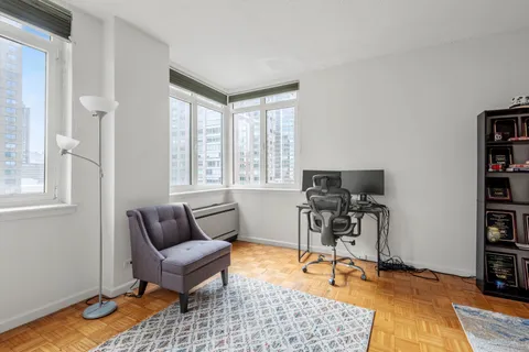 a living room with furniture and a rug