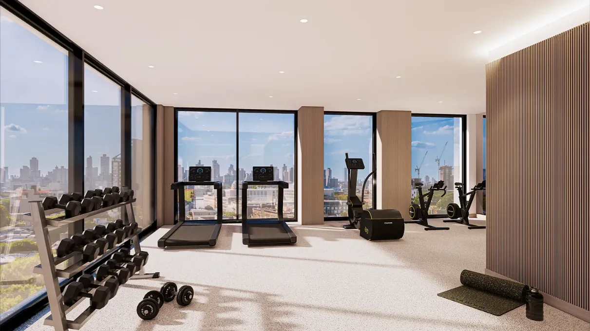 a view of a living room with balcony and gym equipment