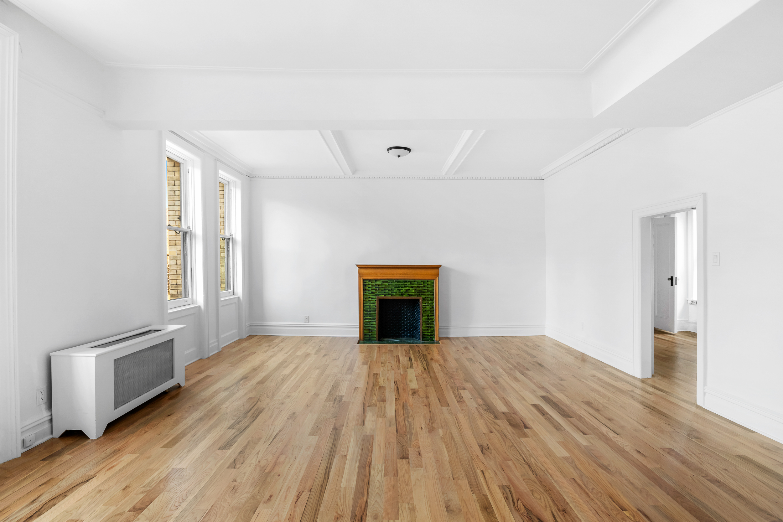 a view of empty room with wooden floor and fireplace